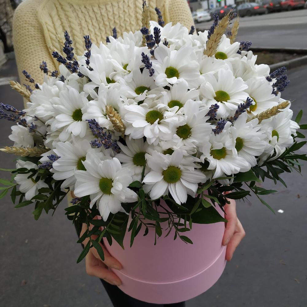 Ароматная шляпная коробка с хризантемой,колосками и лавандой 